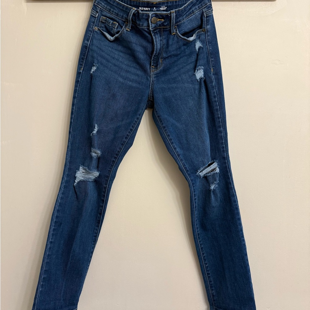Old Navy Women's Dark Blue Distressed Power Slim Straight Jeans